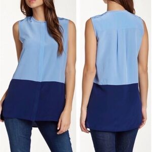 Vince Silk Colorblock Sleeveless Blouse in Blue.  SP Small Petite